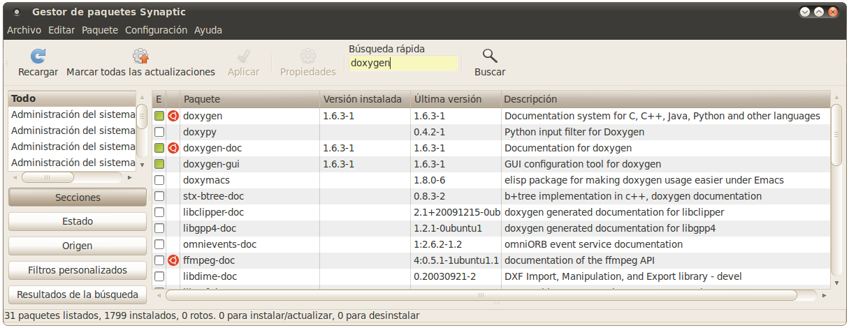 Seleccionando doxygen en Synaptic