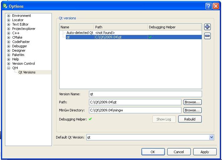 Dialogo para configurar la versin de Qt