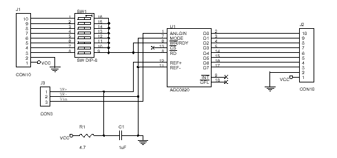 Diagrama del circuito convertidor digital-analógico de 8 bits.